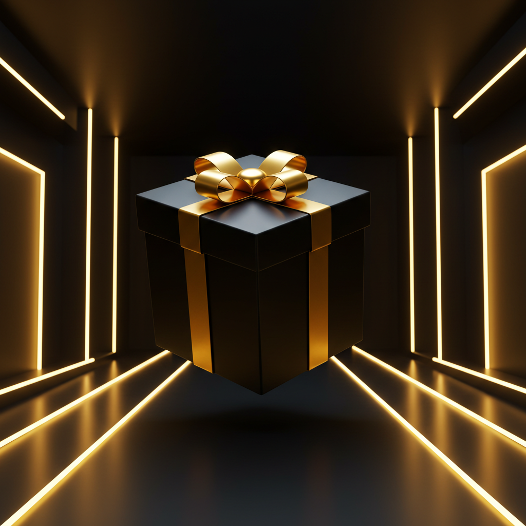 A luxurious and sophisticated gift box floating in the center of a dark, futuristic room. The packaging is black with elegant gold accents, including a large, glossy metallic gold ribbon on top. The environment features soft and modern lighting, with golden neon lights reflecting on the floor and walls in the background, creating a high-contrast effect. The box appears slightly suspended, adding an air of mystery and exclusivity. The scene's design should be minimalist, premium, and hyper-realistic, with metallic finishes and smooth textures.